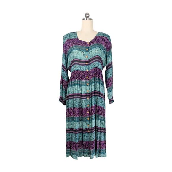 Vintage Maxi Shirt Dress L Teal Green Long Sleeve 90s Boho Stripe Grunge Purple - Picture 1 of 12